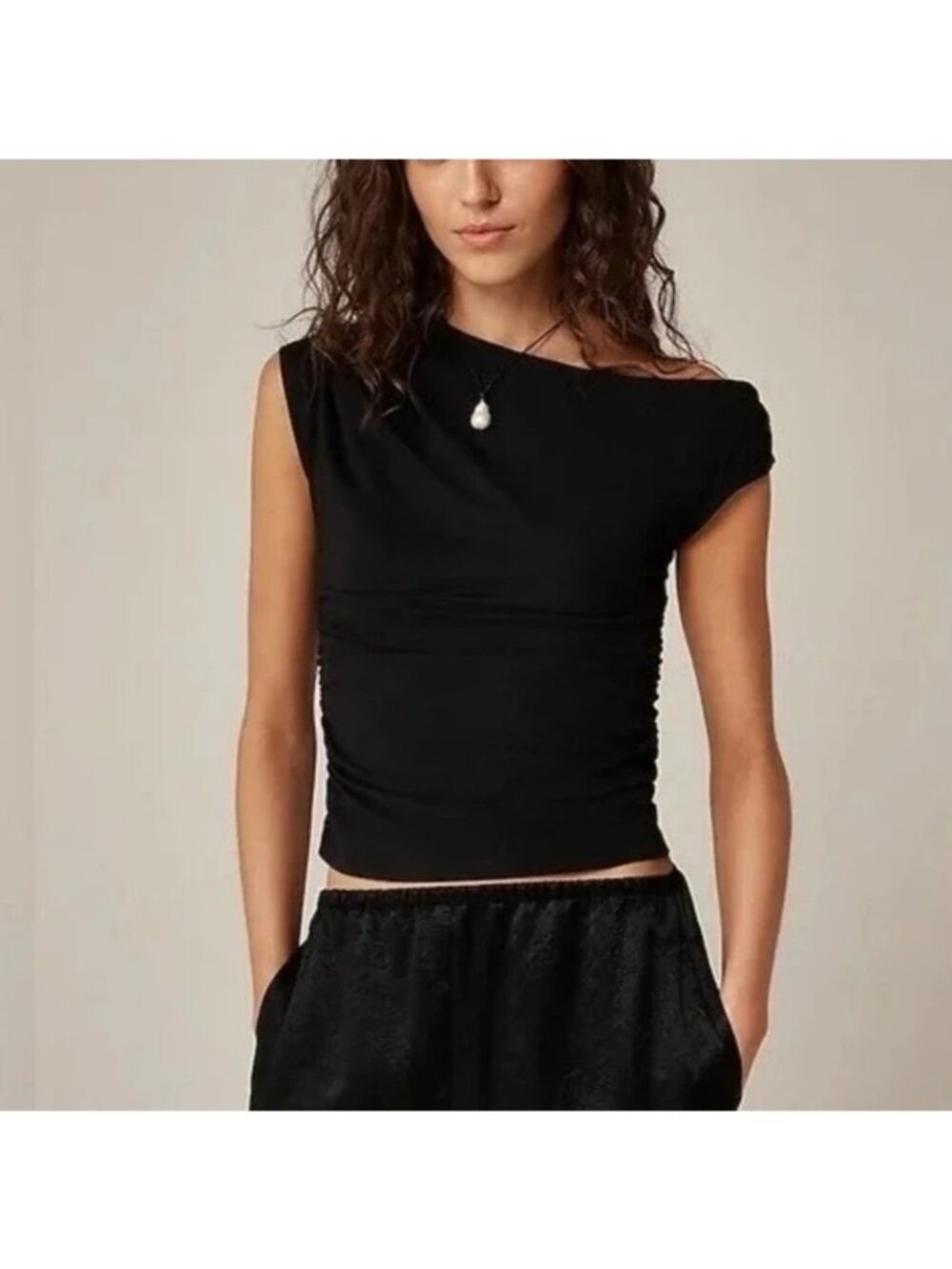 NWT J.Crew Off-Shoulder Top Sz M Black Asymmetrical Stretchy Slim Ruched Casual
